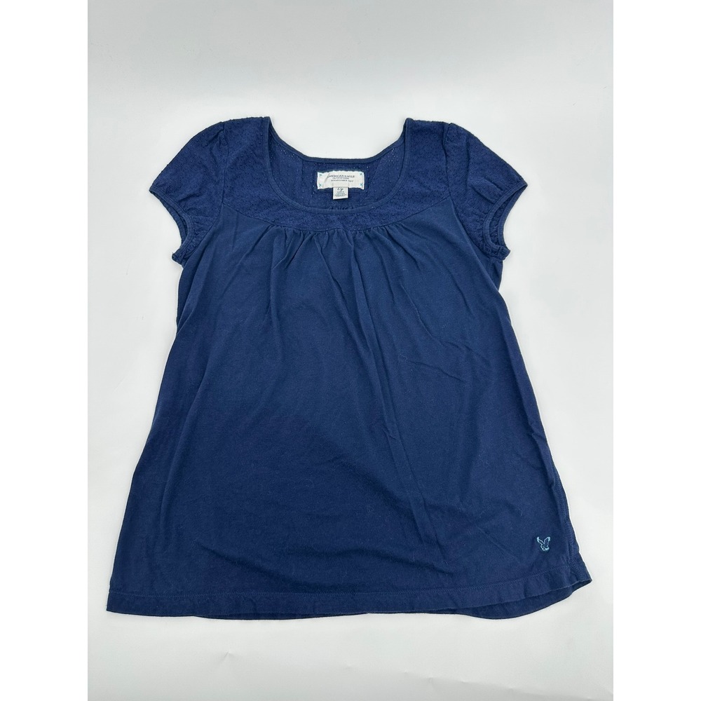 American Eagle Top Babydoll Eyelet Lace Y2K Womens Size Large Navy Blue Cotton